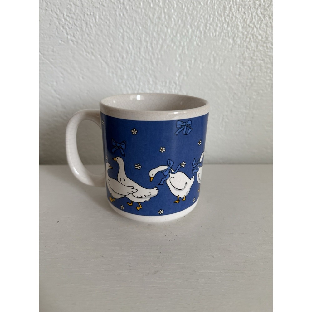 Vintage Blue Ribbon Geese Goose Coffee Mug Cup Cottage Core Ducks
